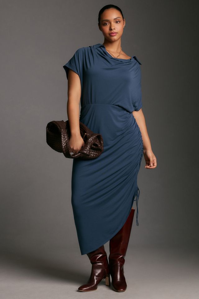 By Anthropologie Ruched Cowl-Neck Cap-Sleeve Midi Dress #7