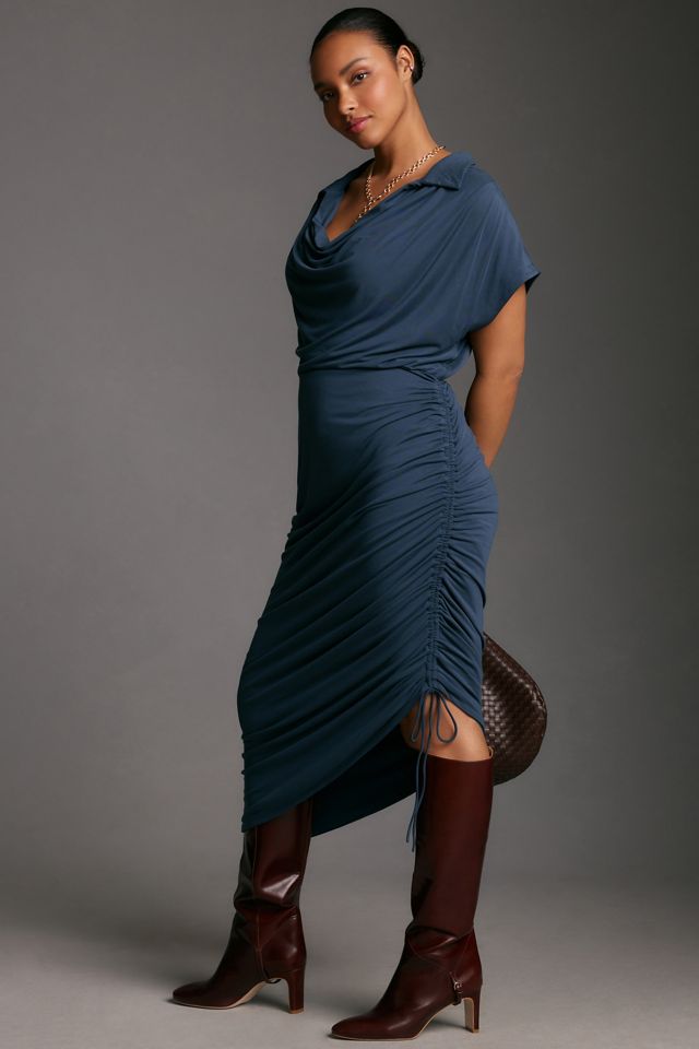 By Anthropologie Ruched Cowl-Neck Cap-Sleeve Midi Dress #4