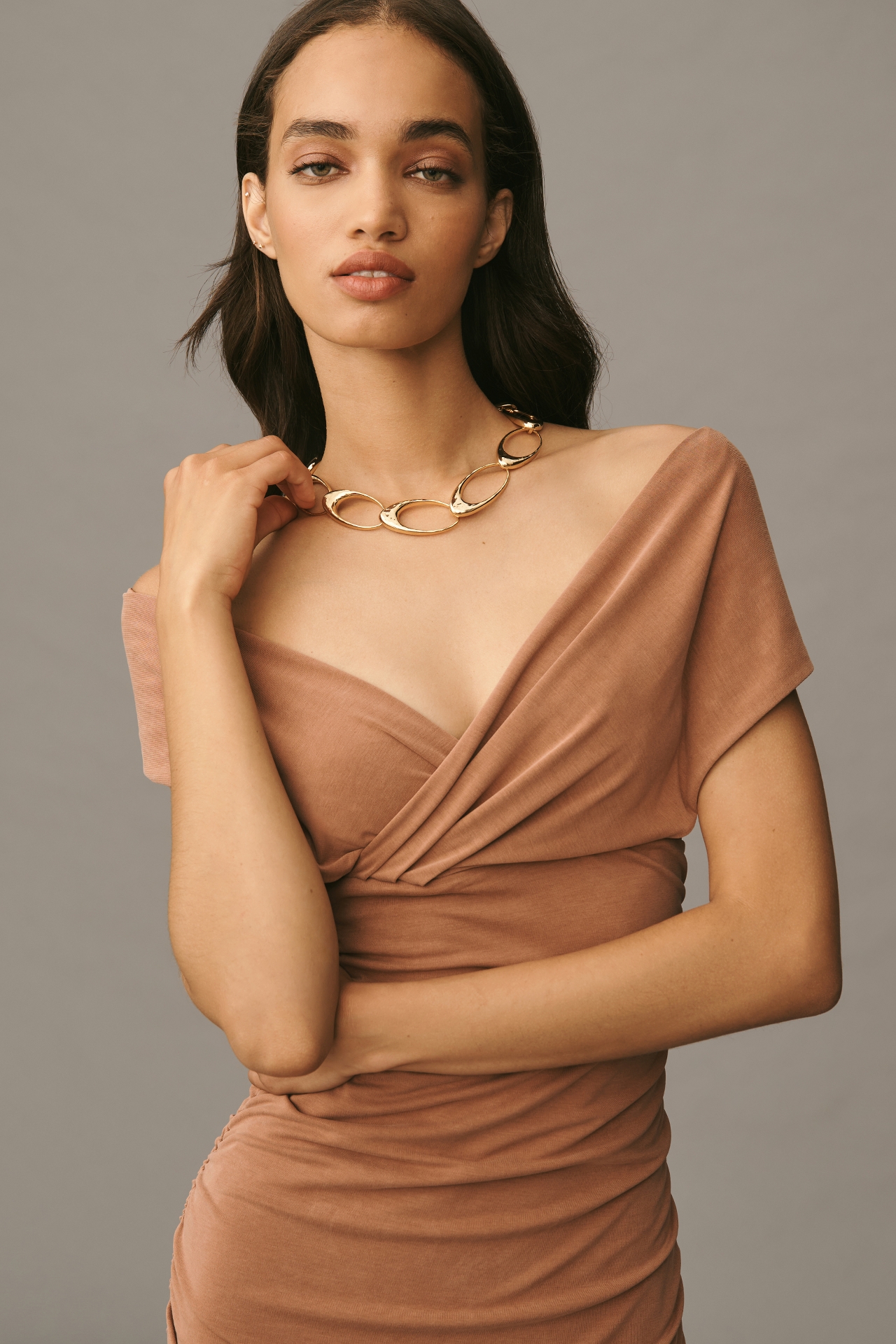 By Anthropologie Off-The-Shoulder Ruched Slim Midi Dress