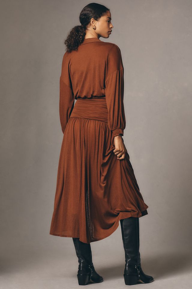 Maeve Long-Sleeve V-Neck Ruched Midi Dress #1