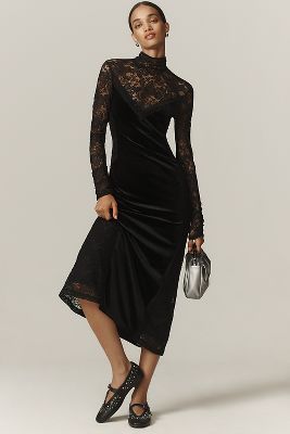 Shop By Anthropologie Long-sleeve Mock-neck Lace Velvet Midi Slip Dress In Black