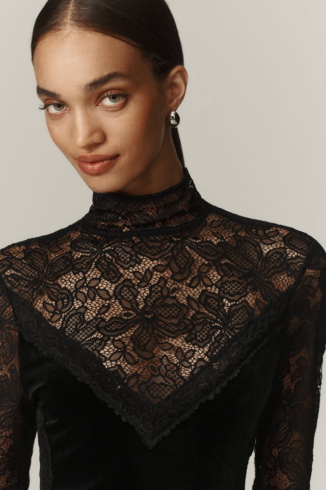 By Anthropologie Long-Sleeve Mock-Neck Lace Velvet Slip Midi Dress #1