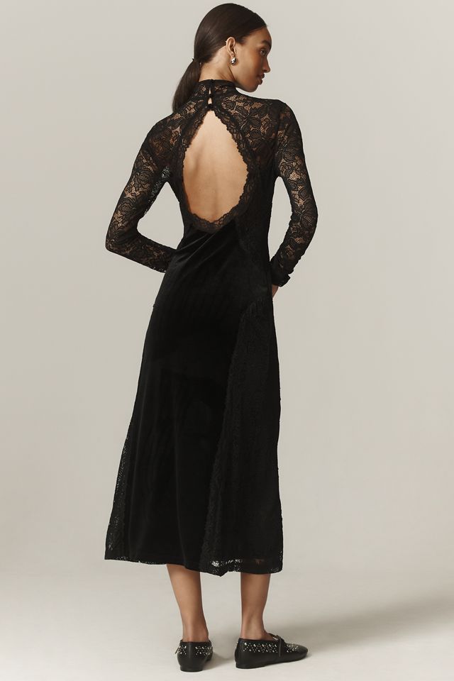 By Anthropologie Long-Sleeve Mock-Neck Lace Velvet Slip Midi Dress #2