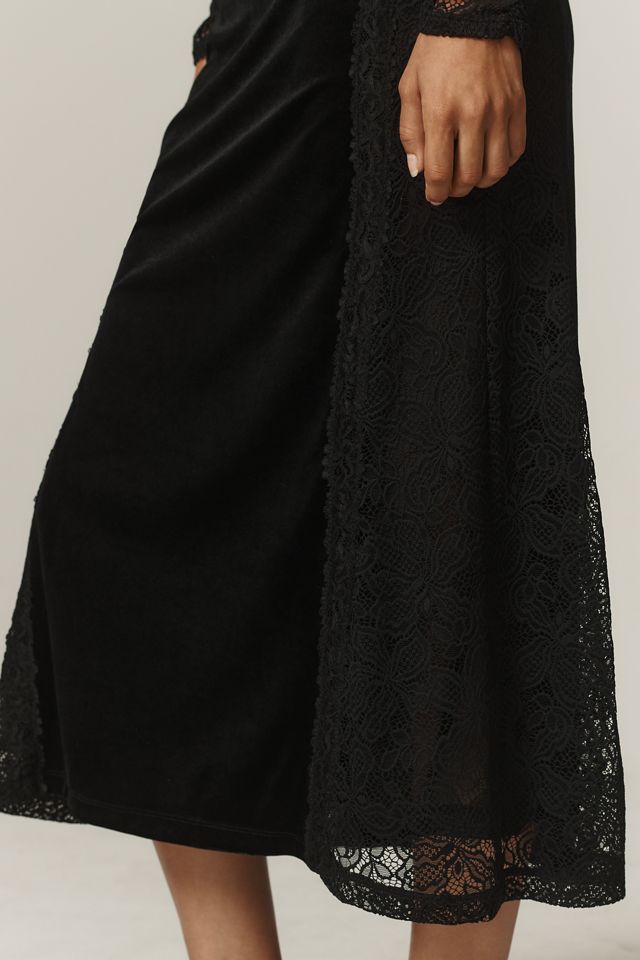 By Anthropologie Long-Sleeve Mock-Neck Lace Velvet Slip Midi Dress #3