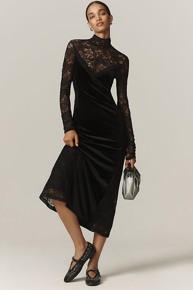 knee length dresses for ladies Aliyah Lace Butterfly Sleeve Midi Dress - Ebony