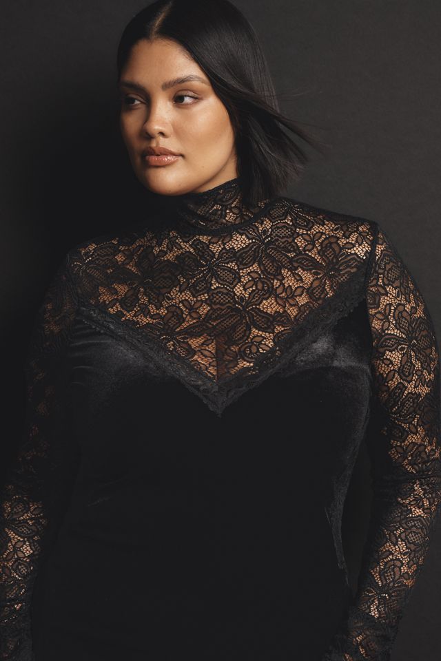 By Anthropologie Long-Sleeve Mock-Neck Lace Velvet Slip Midi Dress #5
