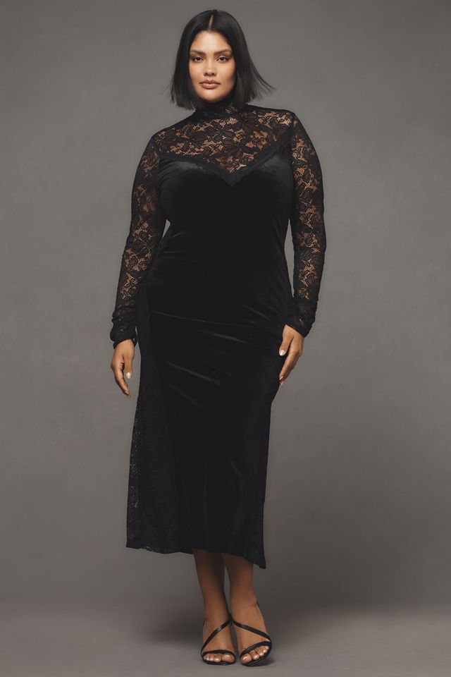 By Anthropologie Long-Sleeve Mock-Neck Lace Velvet Slip Midi Dress #4