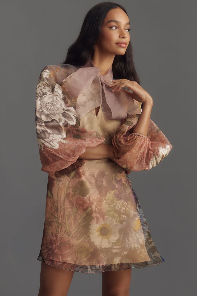 Pankaj & Nidhi Long-Sleeve Printed Organza Mini Dress | Anthropologie