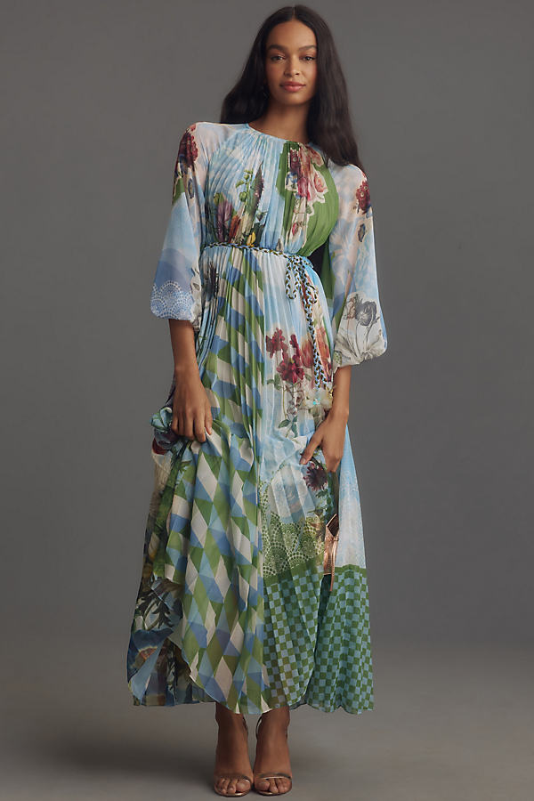 Pankaj & Nidhi Balloon-Sleeve Pleated Maxi Dress