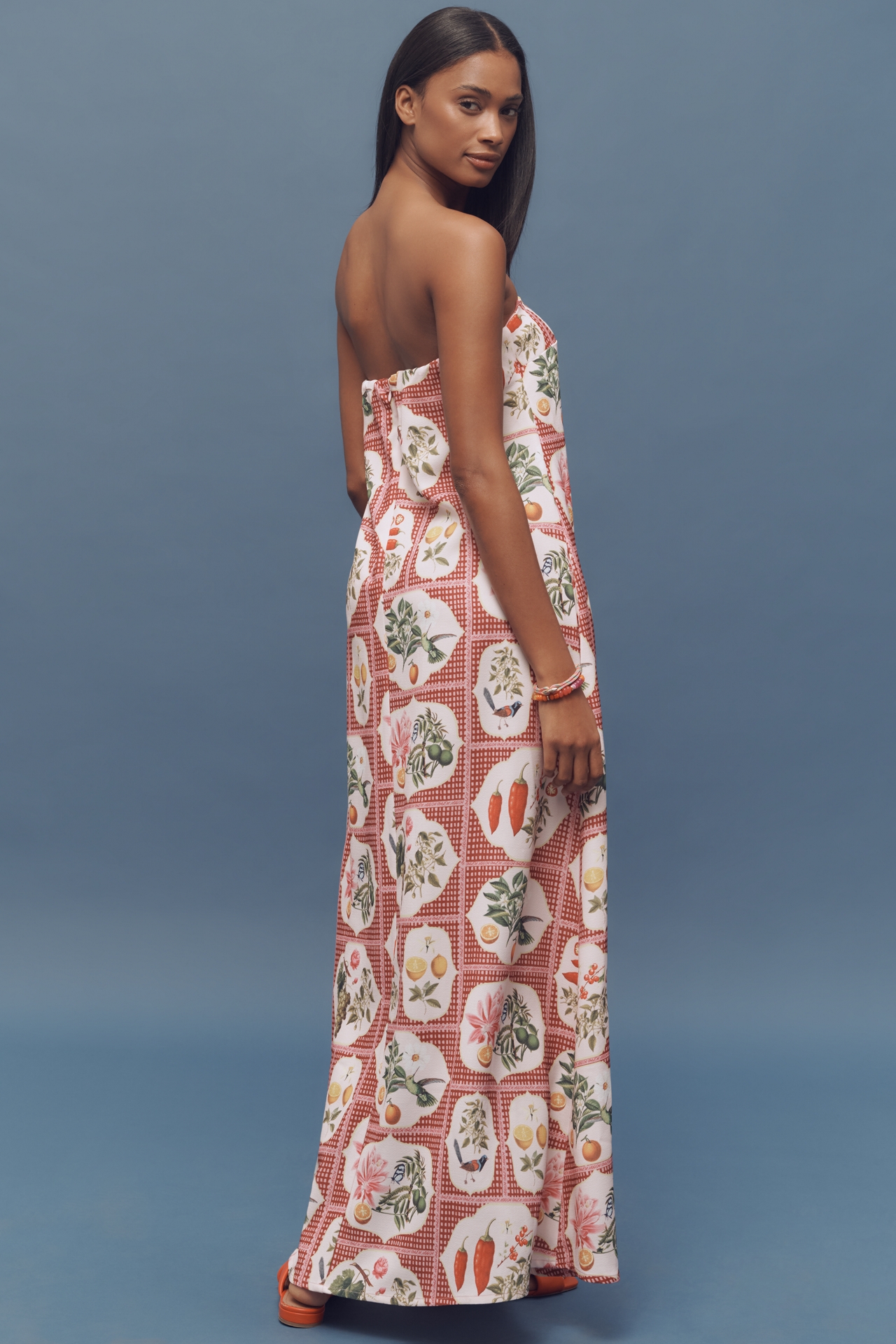 Palm. Noosa Alessia Pink Citrus Tile Crepe Strapless Midi Dress