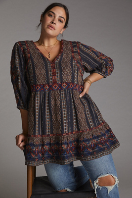 Tunique Brodée Sara Studio En Coton - Taille M, Manches 3/4, Col V, état Comme Neuf