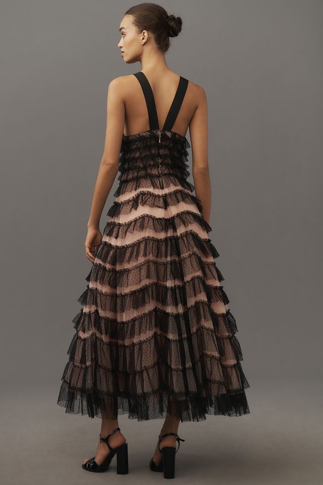 By Anthropologie Sleeveless Halter Ruffled Tulle Midi Dress #1