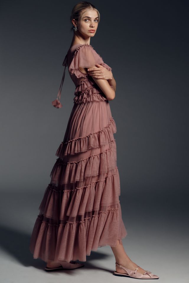 By Anthropologie Ruffle-Sleeve Tiered Tulle Midi Dress #3
