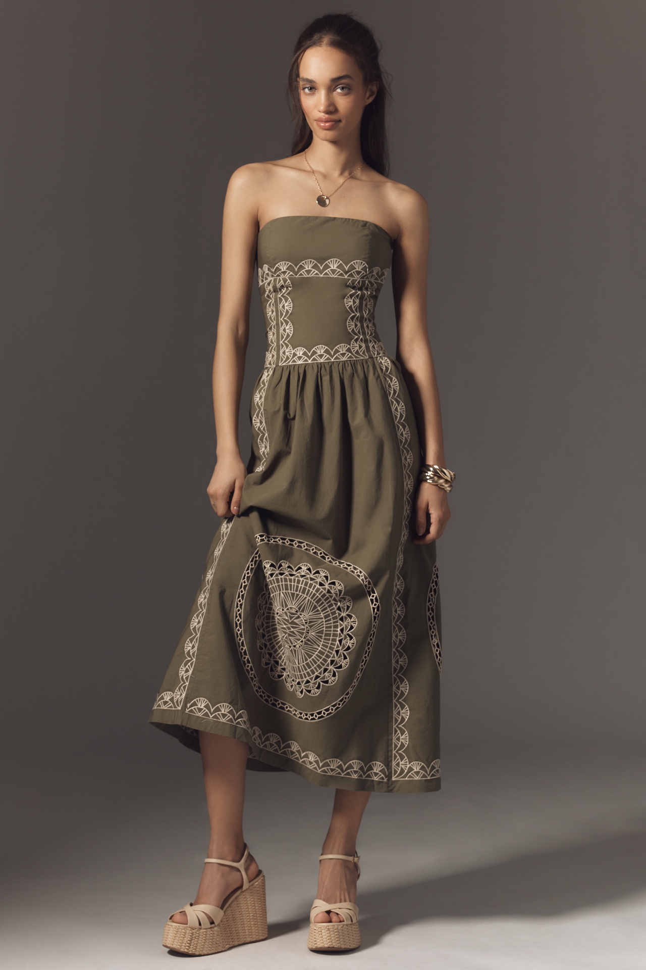 By Anthropologie Strapless Drop-Waist Midi Dress