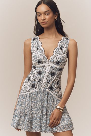 By Anthropologie Ruffle-Strap Embroidered Smocked Mini Dress