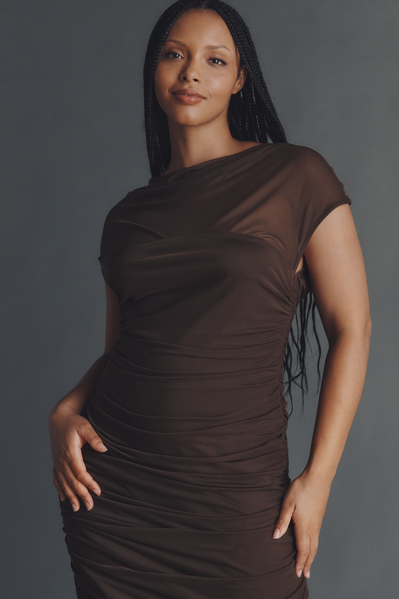 By Anthropologie Off-Shoulder Mesh Slim Midi Dress