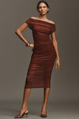By Anthropologie Off-shoulder Mesh Slim Midi Dress In Brown