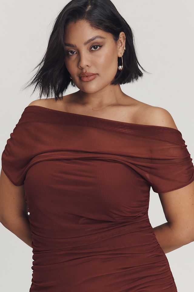 By Anthropologie Off-Shoulder Mesh Slim Midi Dress #6