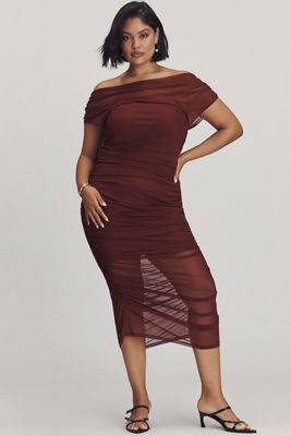 By Anthropologie Off-Shoulder Mesh Slim Midi Dress