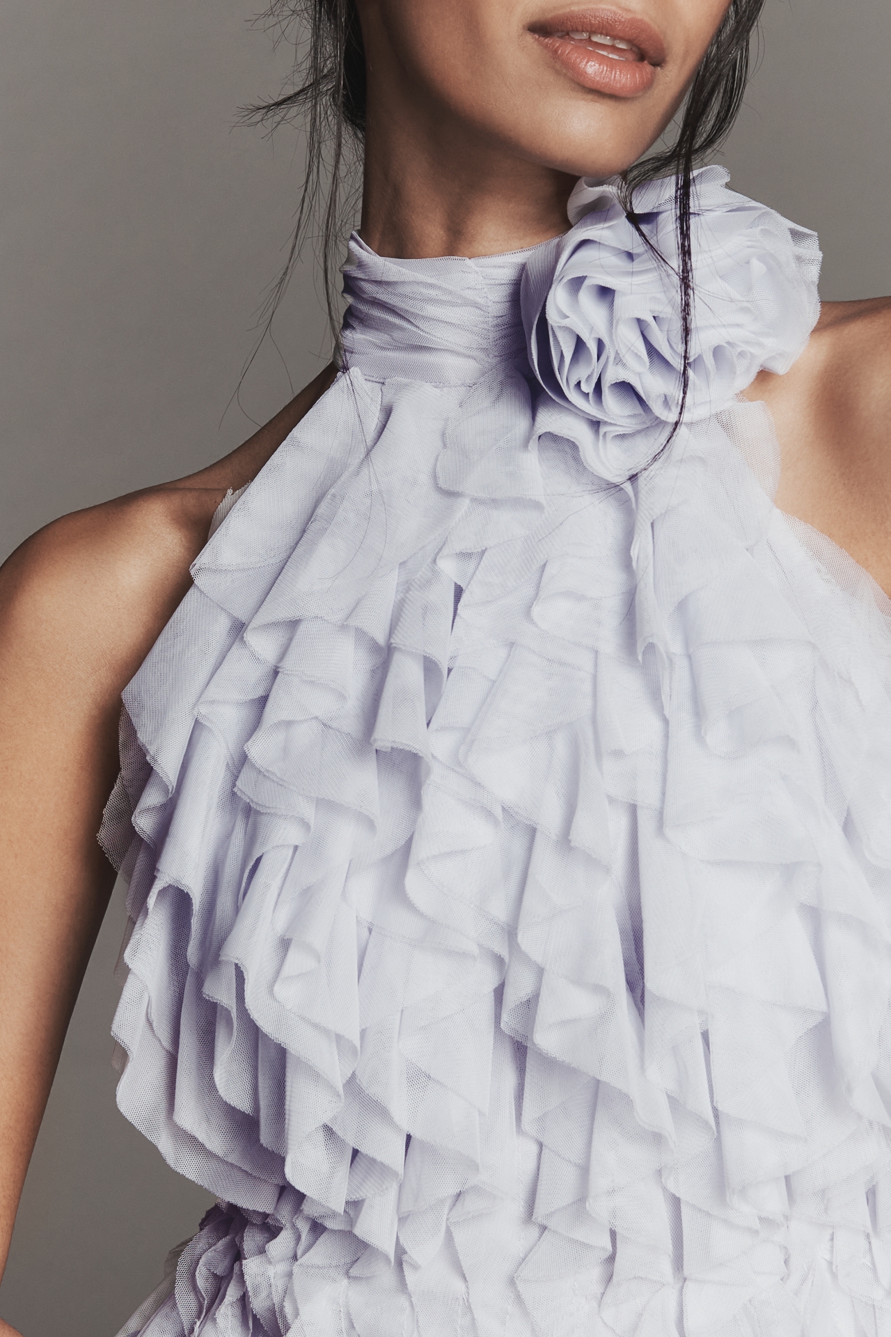 Maeve Frilled Rosette Halter Mini Dress