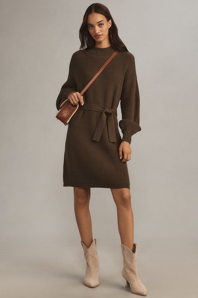 Maeve Long-Sleeve Mock-Neck Tie-Waist Mini Dress #3