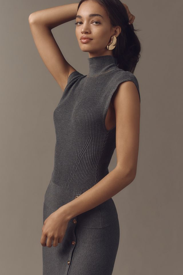 By Anthropologie Cap-Sleeve Mock Neck Button-Front Slim Knit Midi Dress #2