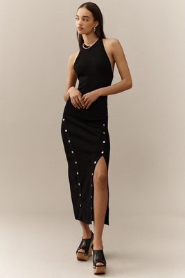 By Anthropologie Sleeveless Open-back Snap Slim Midi Dress In Black