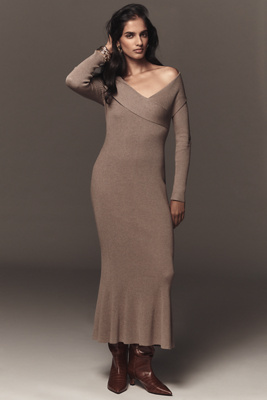By Anthropologie Off-shoulder Slim Sweater Dress In Gray