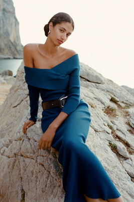 By Anthropologie Off-The Shoulder Knit Midi Dress product page