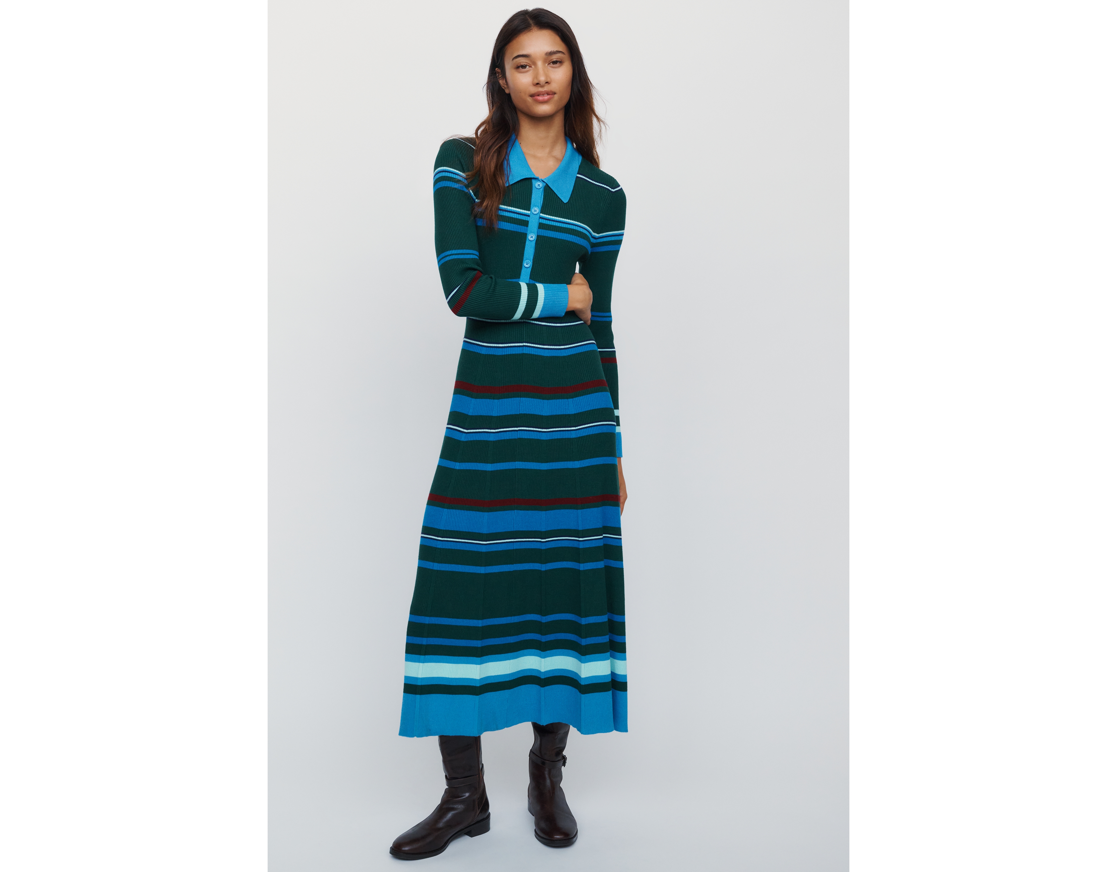 Maeve Pleated Long-Sleeve Midi Sweater Dress