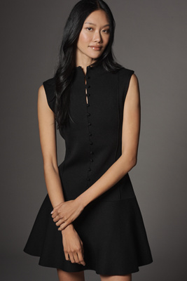 By Anthropologie Mock-neck Button-front Mini Dress In Black