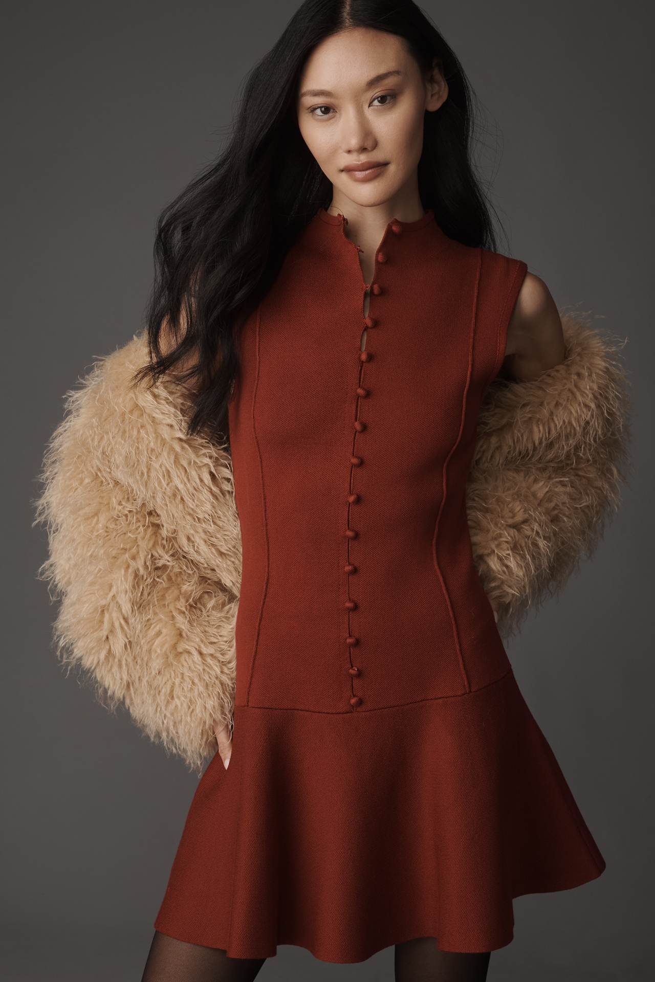 By Anthropologie Mock-Neck Button-Front Sweater Mini Dress