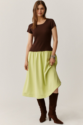 Short-Sleeve Twofer Sweater Midi Dress