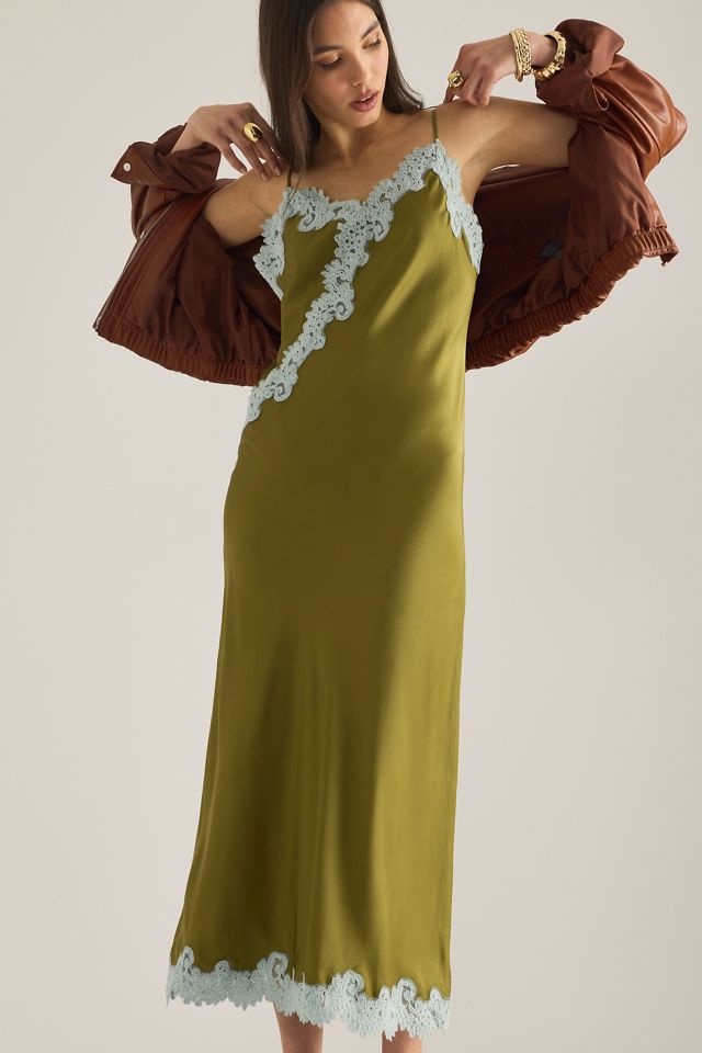 By Anthropologie Olive Lace-Trim Satin Slip Dress #5