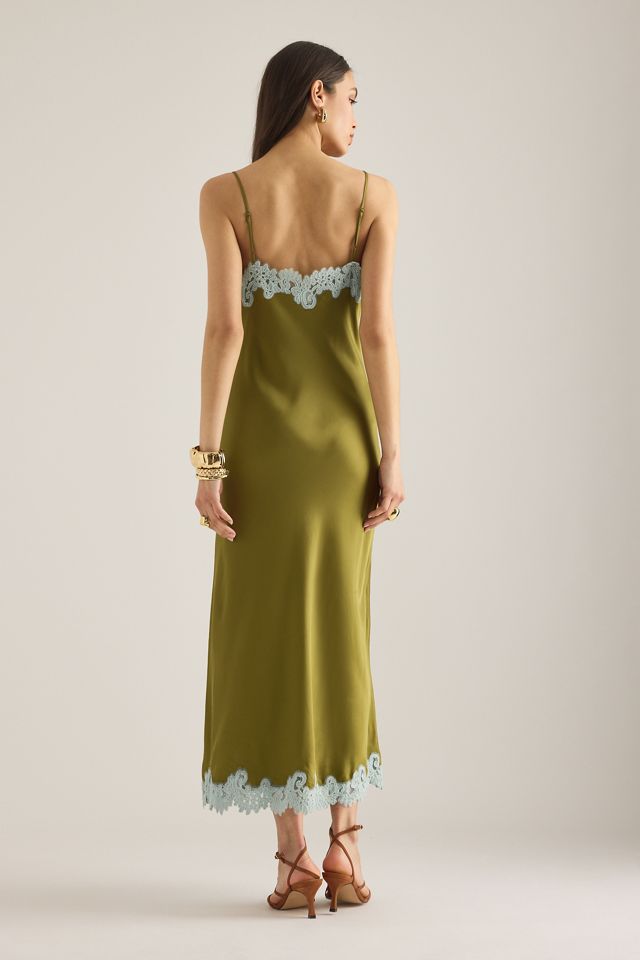 By Anthropologie Olive Lace-Trim Satin Slip Dress #3