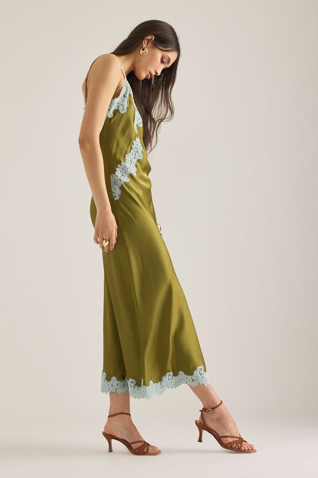 By Anthropologie Olive Lace-Trim Satin Slip Dress #4