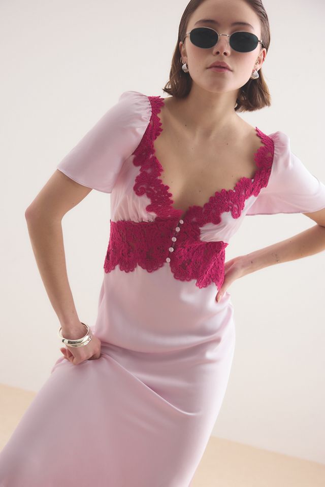 By Anthropologie Olivia Satin Lace Midi Dress