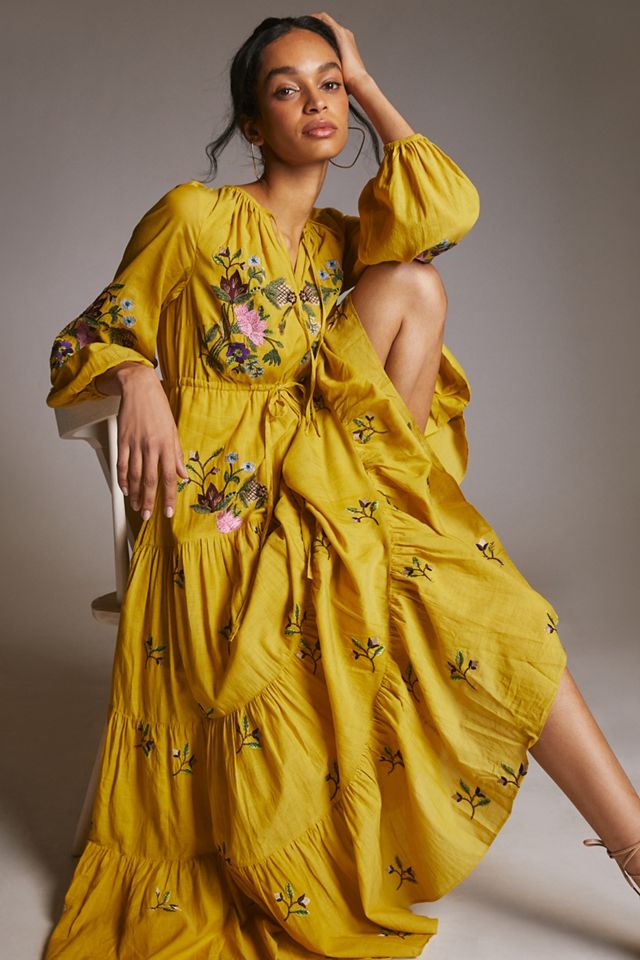 Embroidered V-Neck Maxi Dress