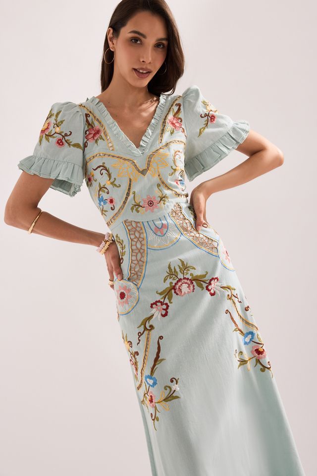 Vestido Maxi Bordado de Manga Corta By Anthropologie #1