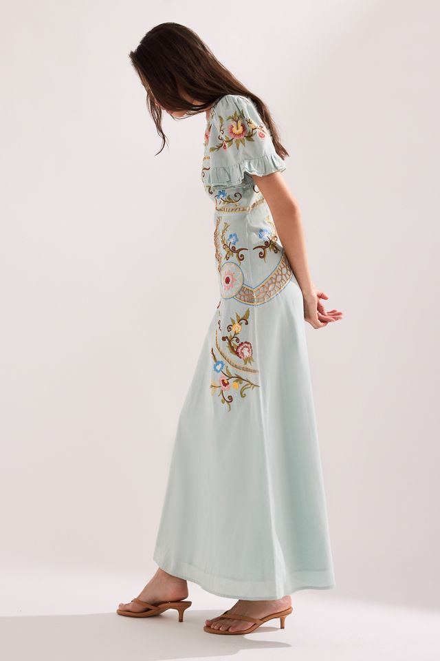 Vestido Maxi Bordado de Manga Corta By Anthropologie #2
