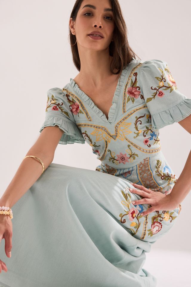 Vestido Maxi Bordado de Manga Corta By Anthropologie #4