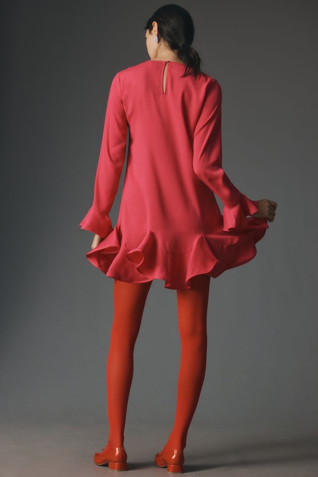 long sleeve ruffle hem mini dress Long Sleeve Pleated Front Ruffle Hem Mini Dress