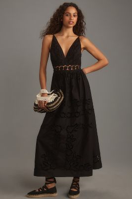 Shop Vineet Bahl Sleeveless V-neck Floral Cutwork Midi Dress In Black