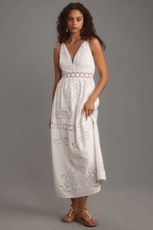 Vineet Bahl Sleeveless V-Neck Floral Cutwork Midi Dress | Anthropologie