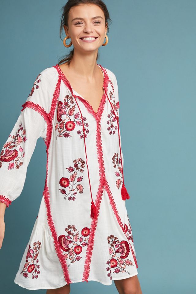 green emerald velvet dress White Tunic embroidered kaftan, Bohemian embroidery tunic dress, embro –  Gipci main image 1