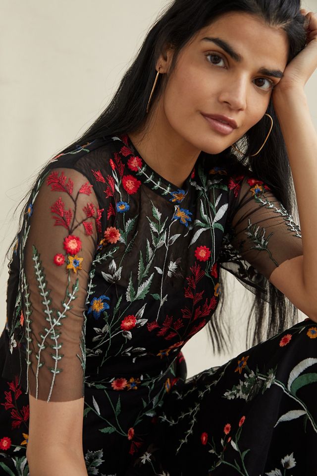 anthropologie floral embroidered dress Arabella Embroidered Tulle Maxi Dress main image 0
