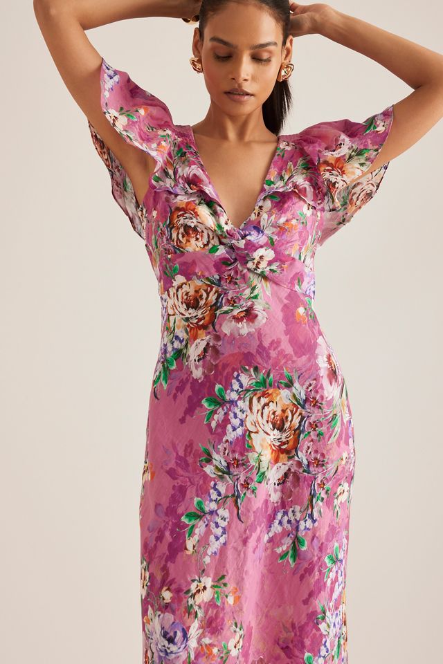 By Anthropologie Flutter-Sleeve Linen Maxi Dress #2
