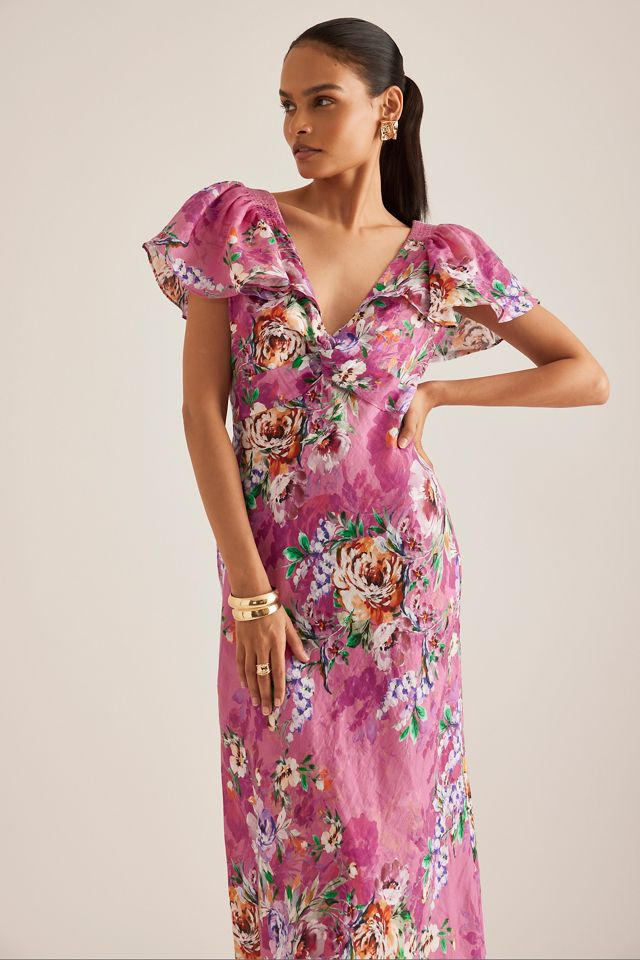 By Anthropologie Flutter-Sleeve Linen Maxi Dress #3