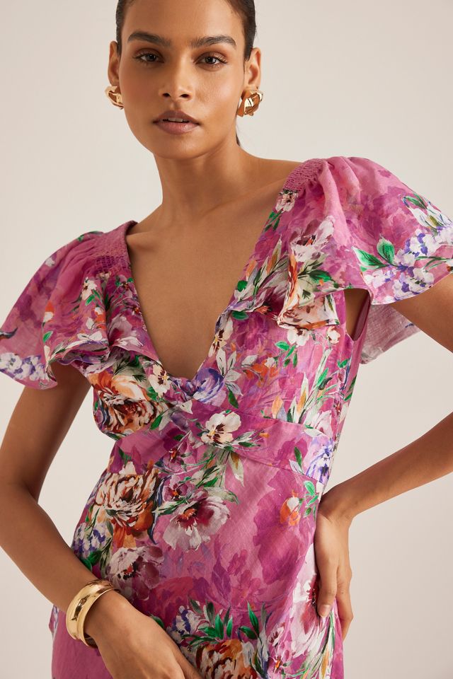 By Anthropologie Flutter-Sleeve Linen Maxi Dress #4