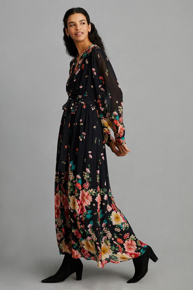 black floral maxi wrap dress Evangeline Floral Maxi Dress
